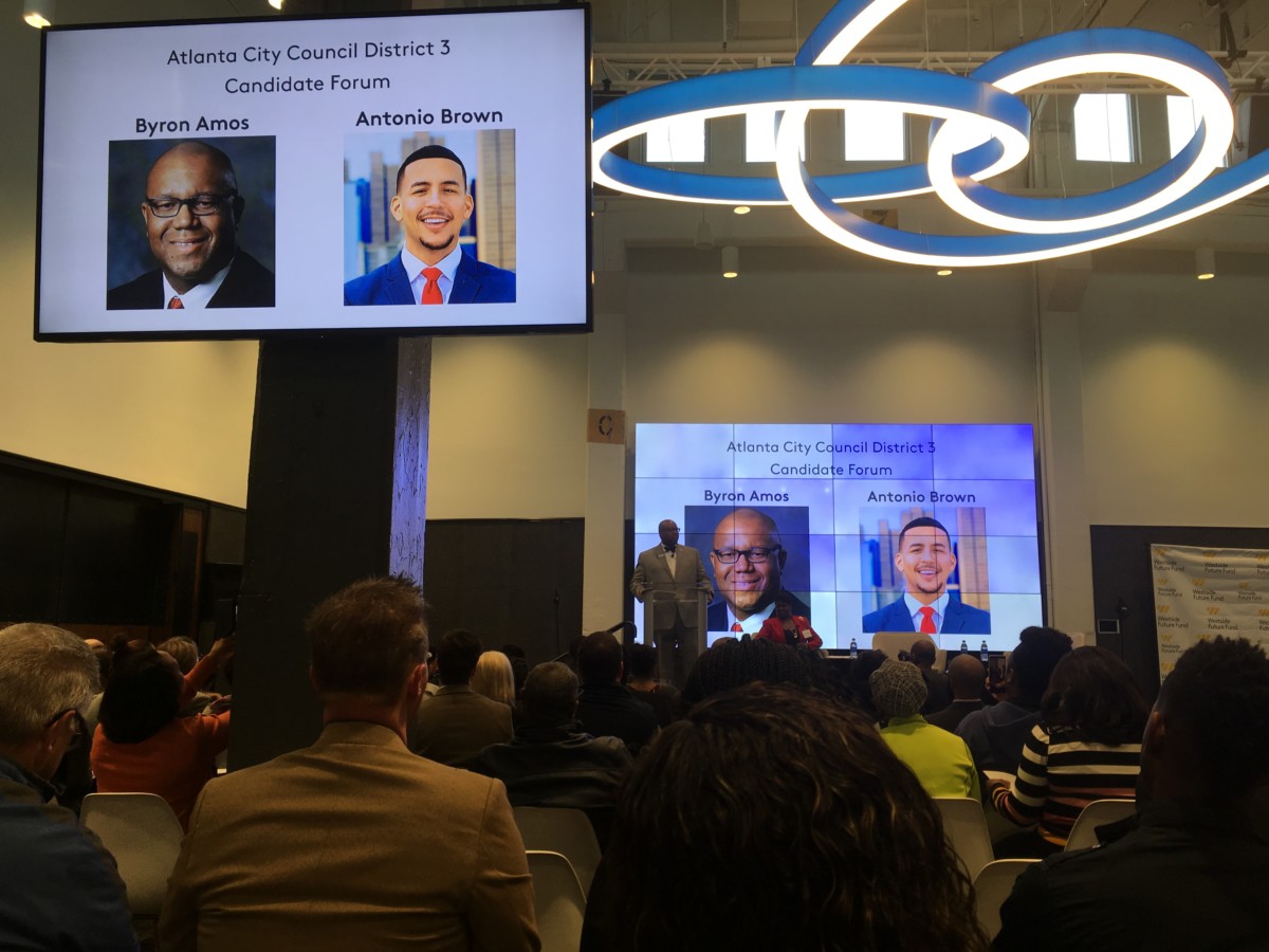 Atlanta City Council hopefuls Byron Amos and Antonio Brown at a forum hosted by the Westside Future Fund on Friday. Credit: Maggie Lee