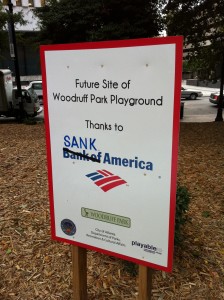 Occupy Atlanta camped in Woodruff Park Graffiti near the Occupy Atlanta encampment in Woodruff Park blames financial institutions for hopelessness in America. This sign is across Park Place from the Trust Company of Georgia Building. Robert W. Woodruff's father, Ernest Woodruff, served as president of Trust Co. Credit: Michelle Hiskey
