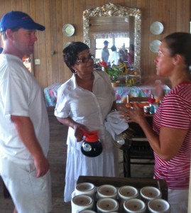 Brian and Sassy Henry chatting with Frances Duncan in the Sea View Inn.