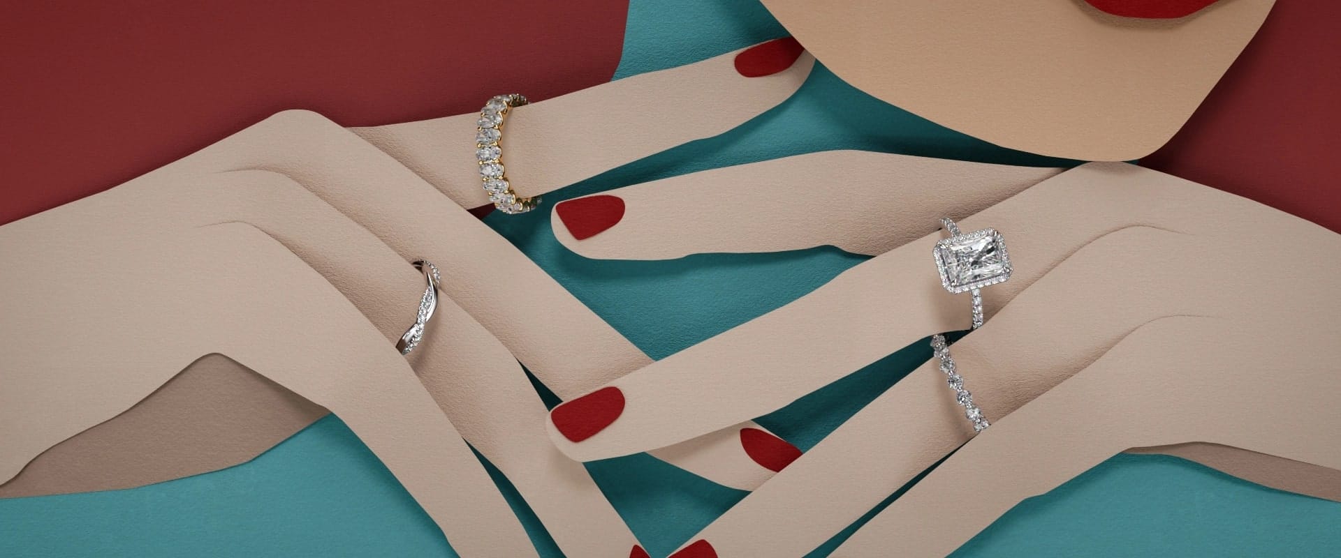 Artistic illustration of red-manicured hands showcasing elegant diamond rings.