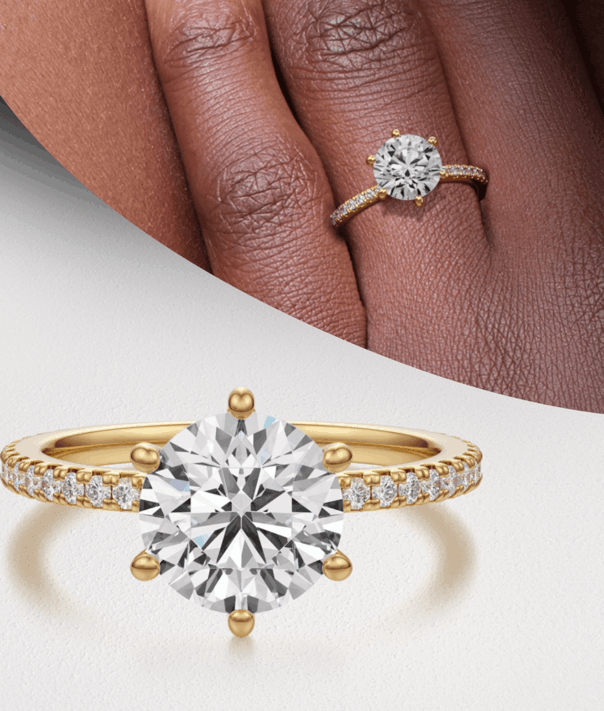 Round-cut diamond engagement ring with a gold band adorned with pave-set diamonds, showcased on a woman's hand and separately on a white background.