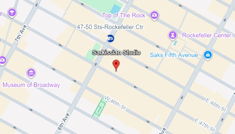Map highlighting the location of Sarkissian Studio in Manhattan, near Rockefeller Center and the Museum of Broadway.