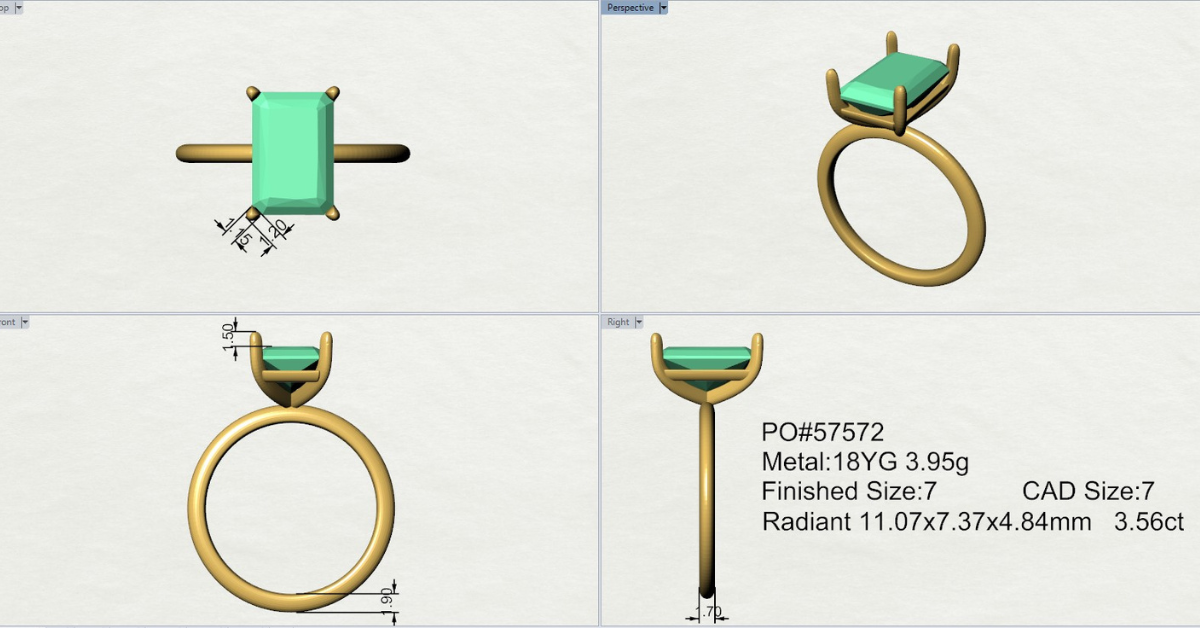 jewelry CAD model with prong details, dimension markers, and a clean technical background