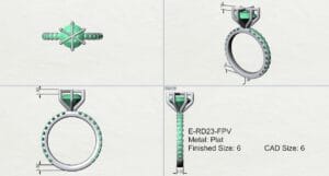 Platinum engagement ring CAD with green gemstones