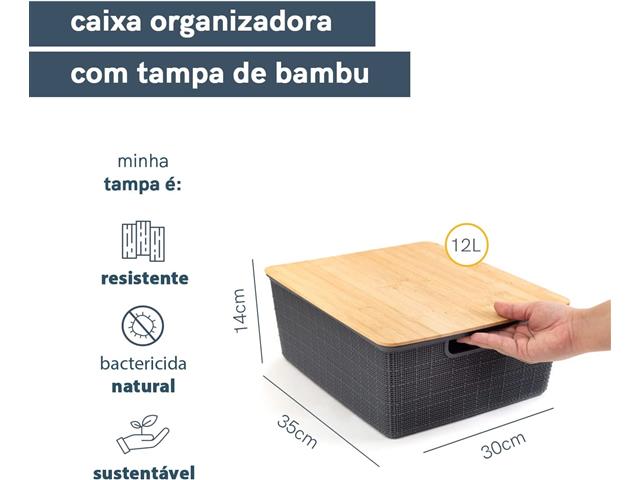 Caixa Organizadora Oikos com Tampa de Bambu 12 Litros Cinza - 1