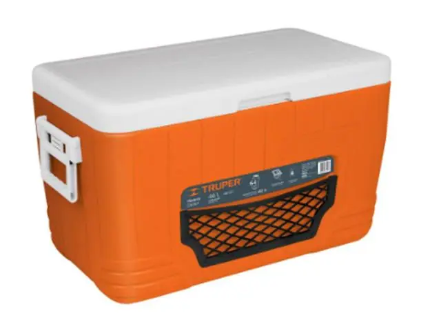 Hielera Truper 46L Asas abatibles Tapón drenaje Naranja/Blanco