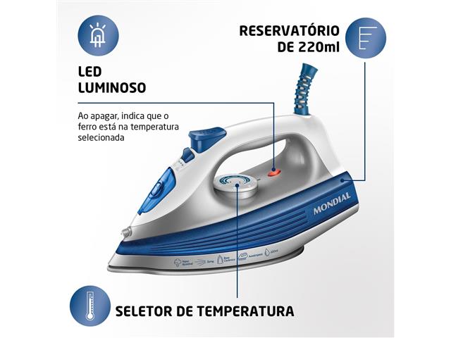 Ferro a Vapor Mondial Branco/Azul 1200W 110V FVN-01-BL - 2