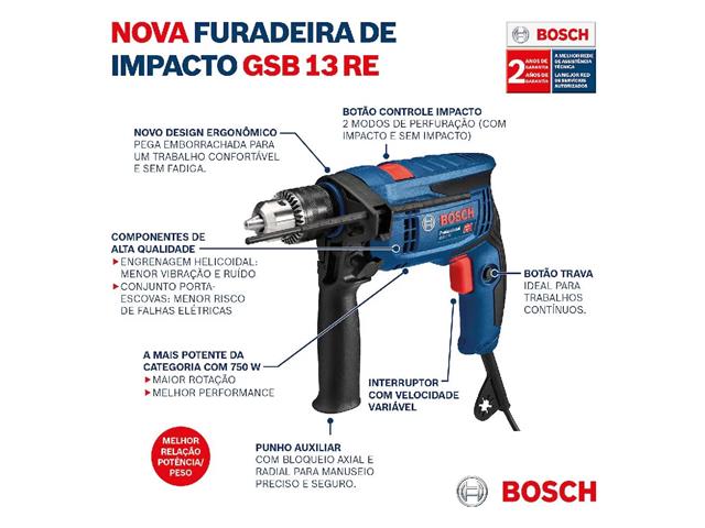 Furadeira de Impacto Bosch GSB 13 RE-M 750W com Maleta 110V - 2