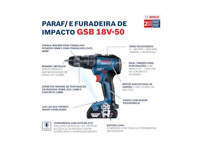 Parafusadeira Furadeira Impacto Brushless Bosch GSB 18V-50-1B - 6