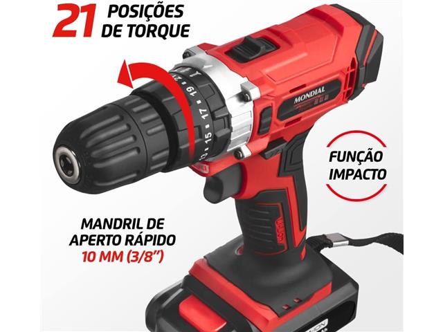 Parafusadeira e Furadeira Mondial PF-09M Bateria 21V Bivolt - 2