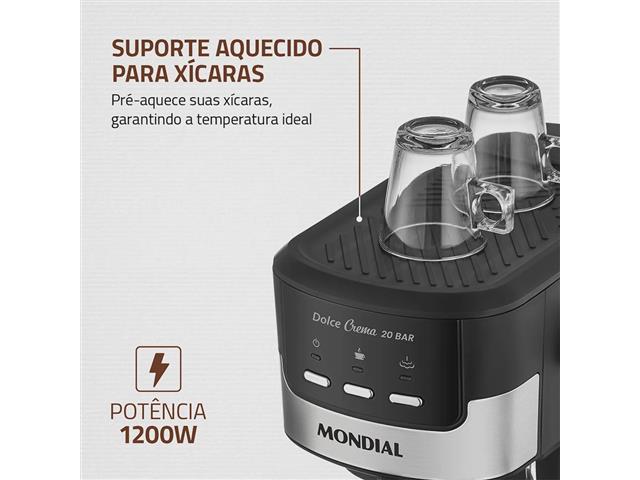 Cafeteira Espresso Dolce Crema 20 Bar Mondial Preto/Inox 1200W 110V - 3