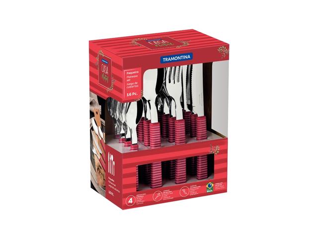 Faqueiro Tramontina Casa Natal em Aço Inox Viva Magenta 16 Peças - 2