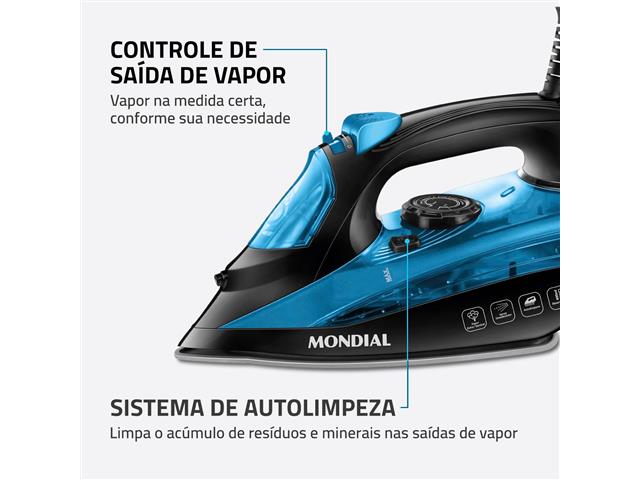Ferro de Passar à Vapor Mondial F-53 Preto e Azul 1200W 220V - 6
