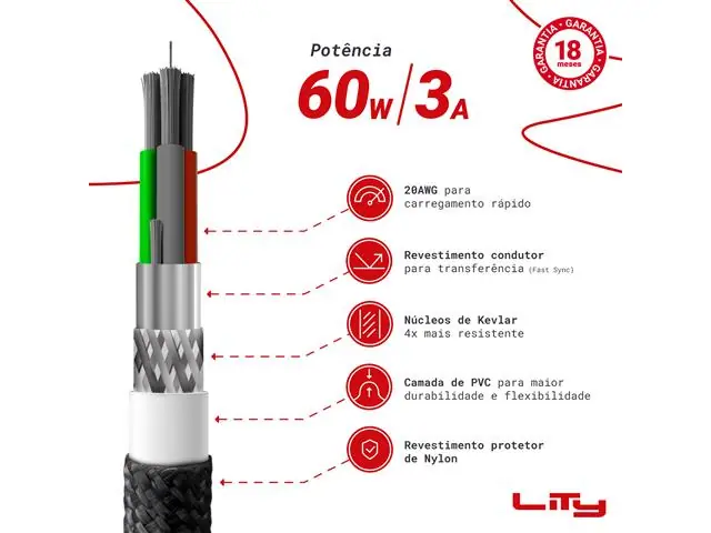 Cabo Lity C11P USB A - USB C Carregamento Rápido Até 60W E 3A 2M Preto - 6