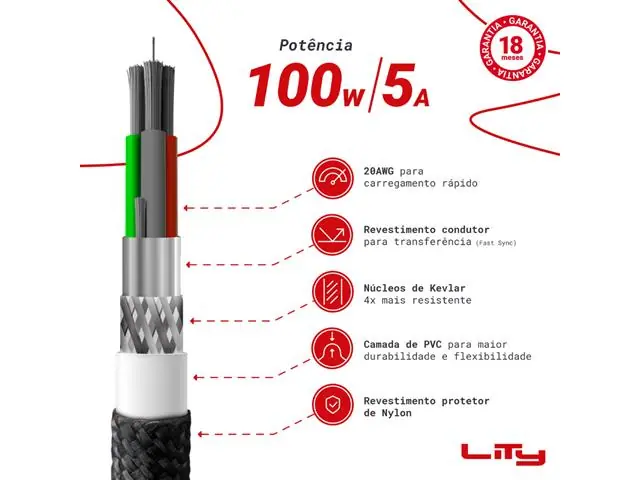 Cabo Carregamento Ulta Rápido Lity USB C/USB C  100W/5A 2M Preto C13P - 4