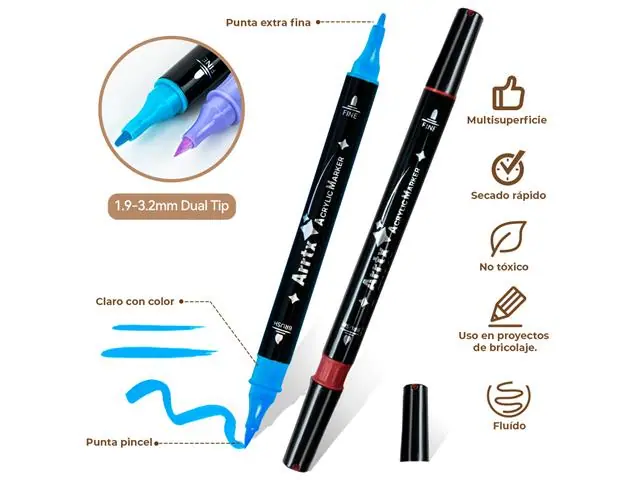 Marcadores Acrílicos de 32 Colores Doble Punta (Pincel&Fina) Arrtx