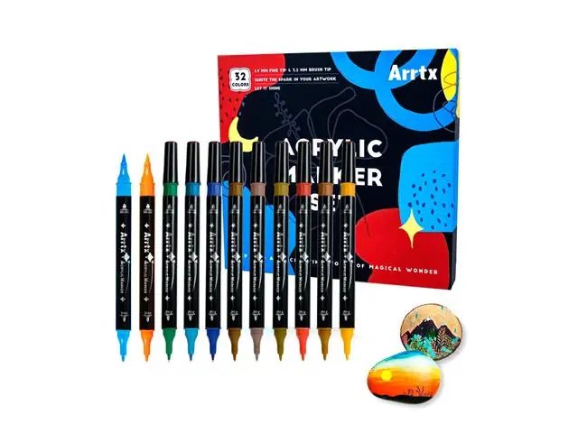 Marcadores Acrílicos de 32 Colores Doble Punta (Pincel&Fina) Arrtx