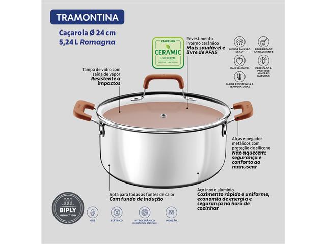 Caçarola Tramontina Romagna em Aço Inox e Alumínio Marfim 24 cm 5,24 L - 5