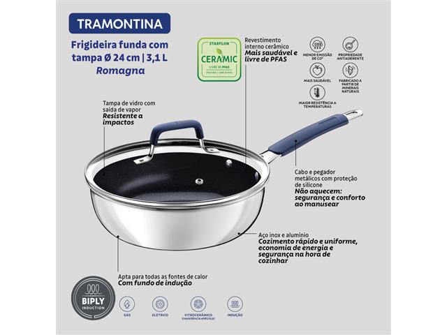 Frigideira Funda com Tampa Tramontina Romagna em Aço Inox 3,1 L - 2