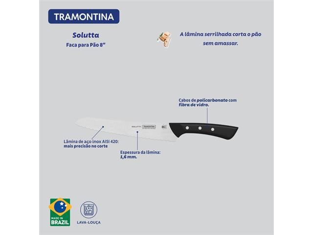 Faca para Pão Tramontina Solutta com Lâmina em Aço Inox e  Preto 8" - 3