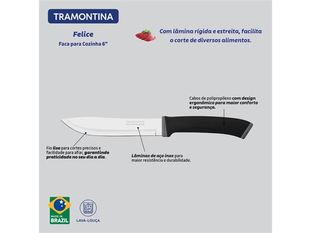 Faca de cozinha Tramontina Felice com Lâmina de Aço Inox Preta 6" - 3