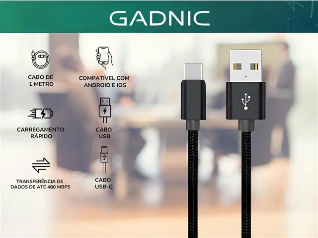 Carregador Cabo Tipo C Carga Rápida Turbo 1 Metro Reforçado Gadnic - 1