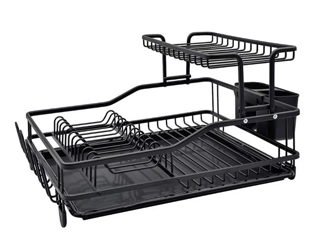 Secaplatos de aluminio Carol 2 niveles, bandeja y cubiertero negro