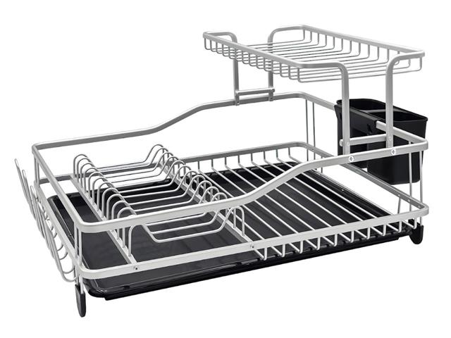 Secaplatos de aluminio Carol 2 niveles, bandeja y cubiertero plata