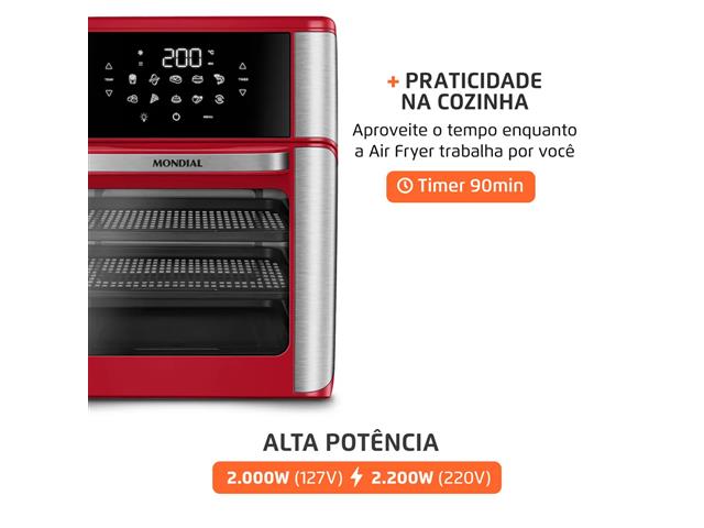 Fritadeira Air Fryer Forno Oven 12L Mondial Vermelho/Inox 2200W 220V - 6