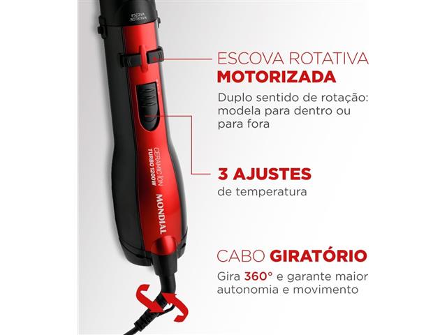 Escova Rotativa Ceramic Íon Turbo, Mondial Vermelho/Preto 1200W 220V - 3