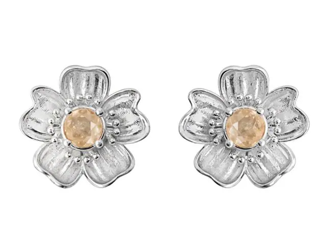 Aretes de plata Tanya Moss, forma de flor con cristal champagne