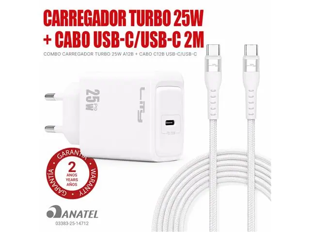 Kit Carregador Turbo 25W + Cabo Carregamento e Dados USB-C/USB-C - 4