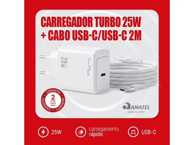 Kit Carregador Turbo 25W + Cabo Carregamento e Dados USB-C/USB-C - 6