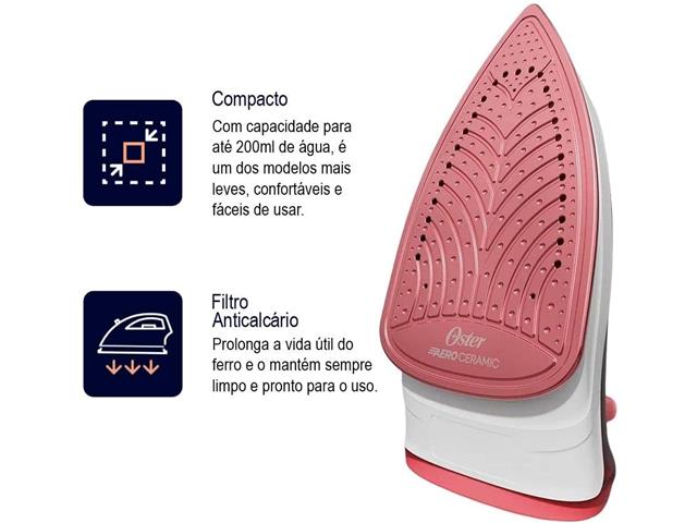 Ferro de Passar a Vapor Oster Aeroceramic Branco e Rosa 110V - 3