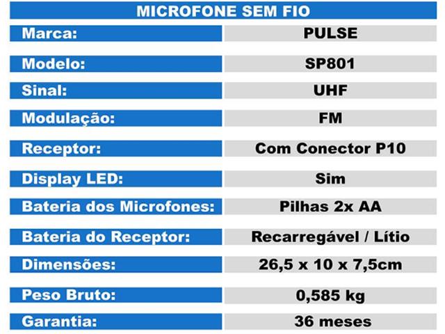 Microfones Sem Fio UHF Pulse Professional SP801 com Receptor - 4