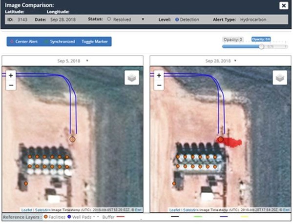 Satelytics.io software interface showing a leak discovered at an oil pad.