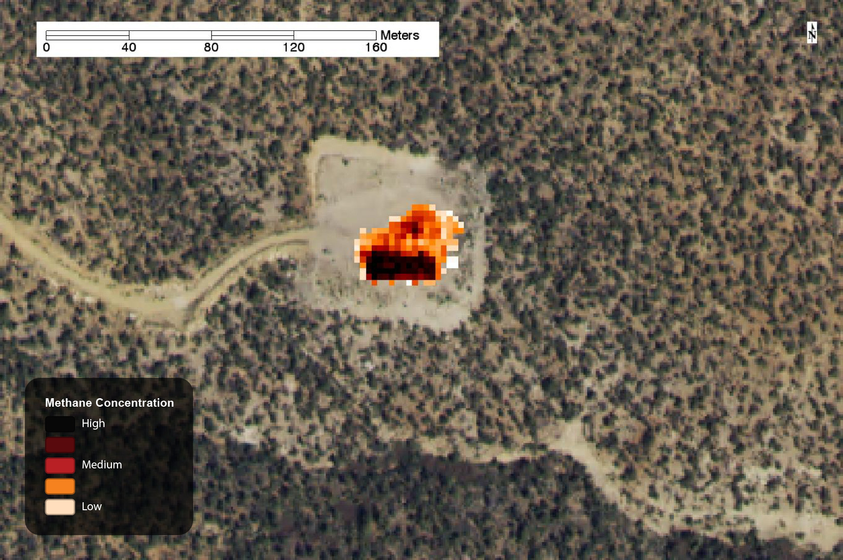 Methane leak on well pad, captured by AVIRIS in 2015.