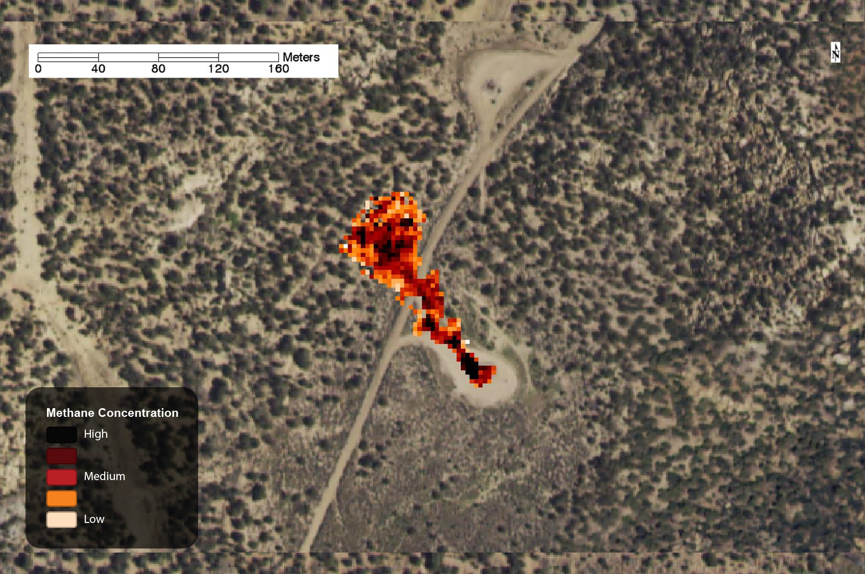 Methane leak on well pad, captured by AVIRIS in 2015.