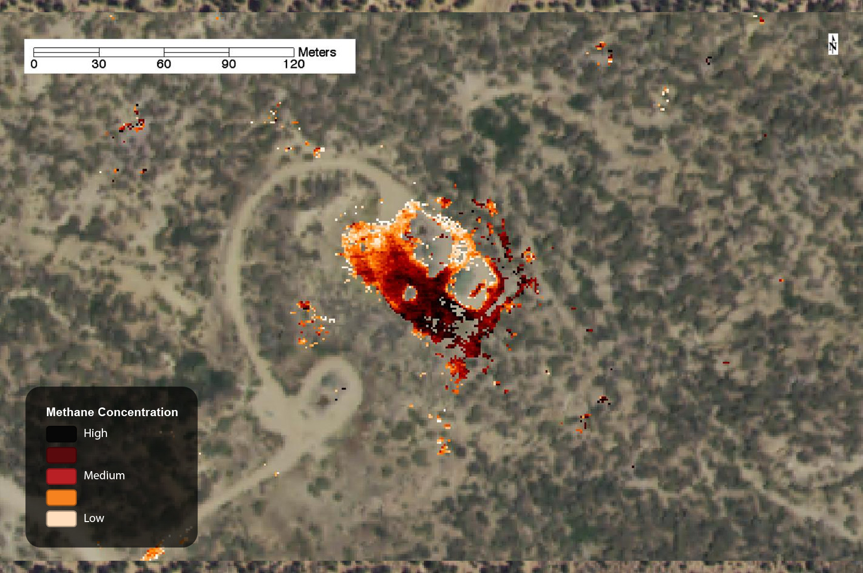 Methane leak on well pad, captured by AVIRIS in 2015.