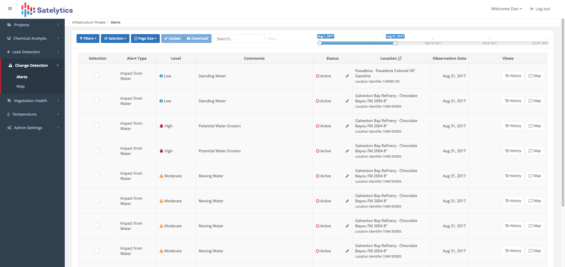 The table view allows operators to see at a glance, alerts over their entire area of interest, as well as the ability to adjust alert thresholds and mark them 'under investigation' or 'resolved.'