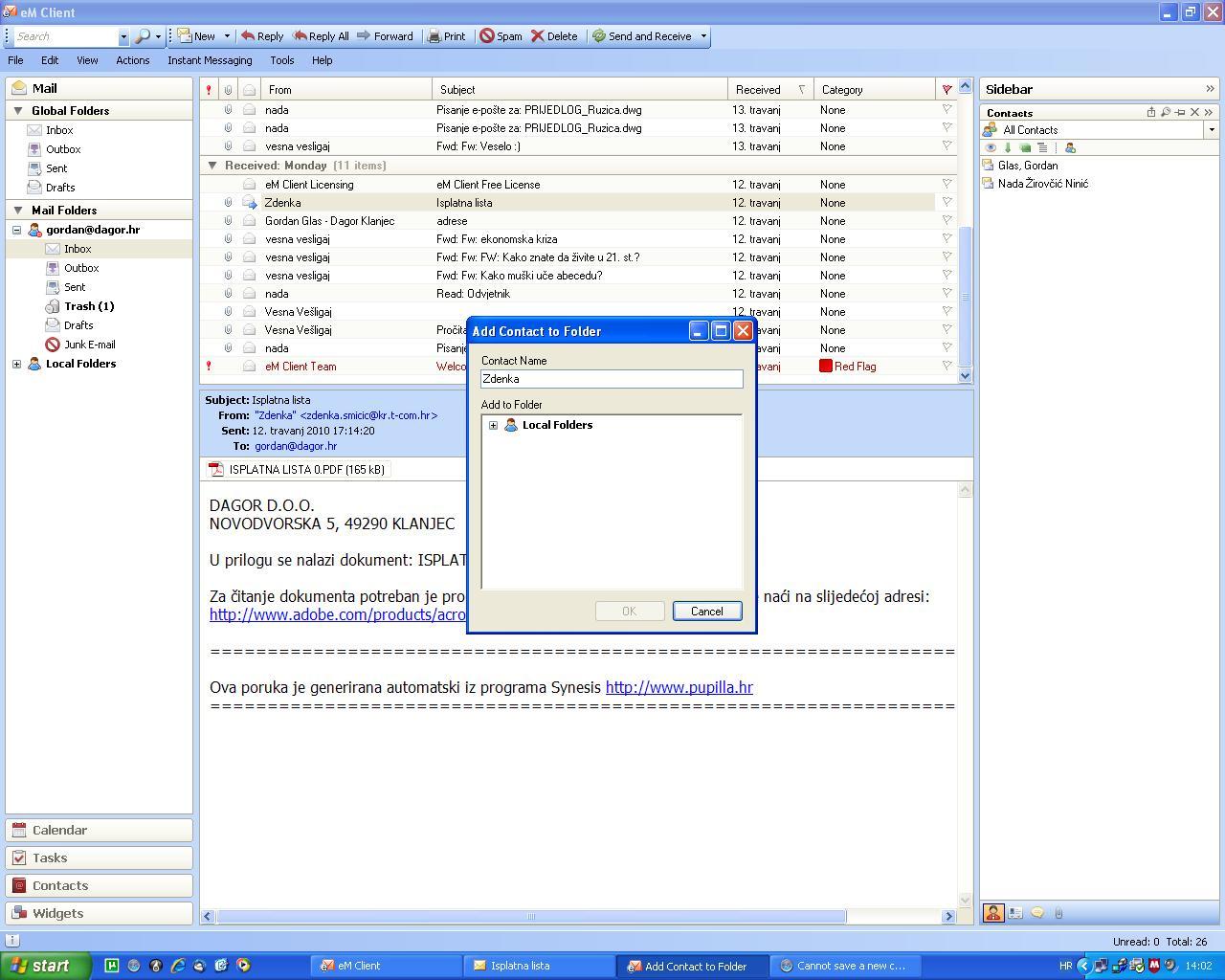 Cannot save a new contact. System crashes. - eM Client