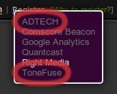 { ADTECH, Comscore Beacon, Google Analytics, Quantcast, Right Media, ToneFuse }
