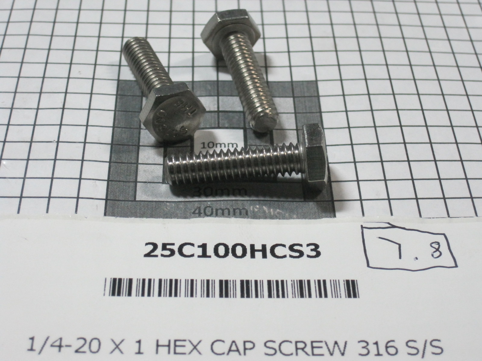 25C100HCS3,1/4-20 X 1 HEX CAP SCREW 316 S/S,Specialty Bolt & Screw Inc.