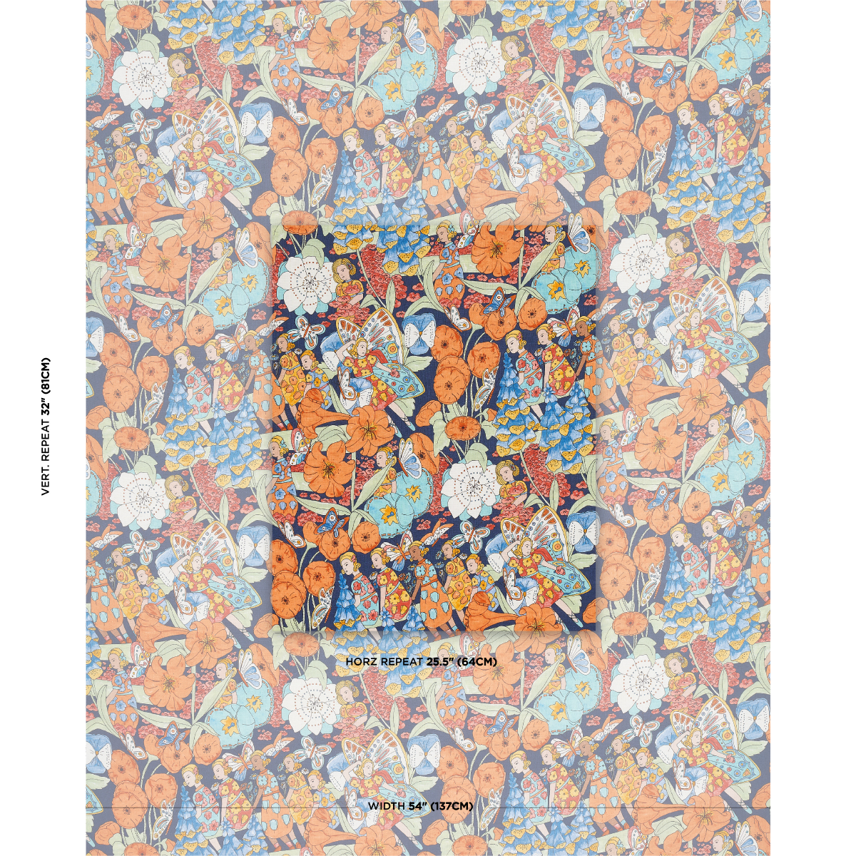 Fairie Garden - Orange And Navy Fabrics | Schumacher