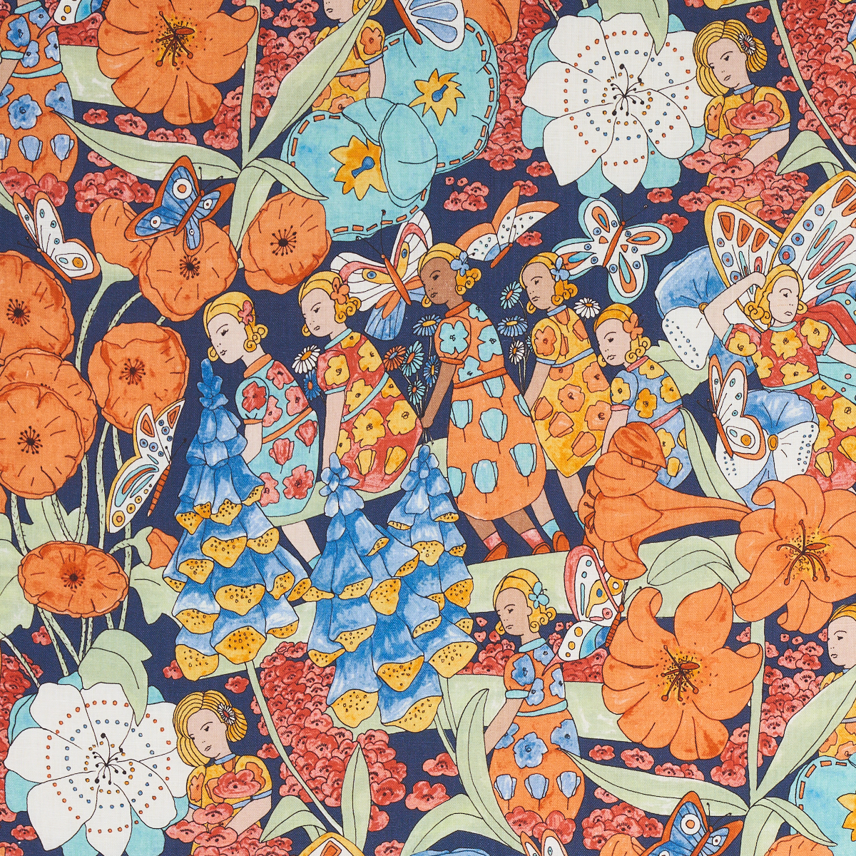 Fairie Garden - Orange And Navy Fabrics | Schumacher