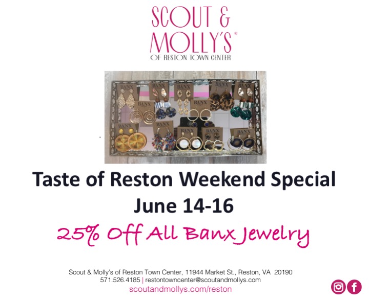 Take 25% off Banx Jewelry for Taste of Reston Weekend (fashion earrings, bracelets and necklaces)
