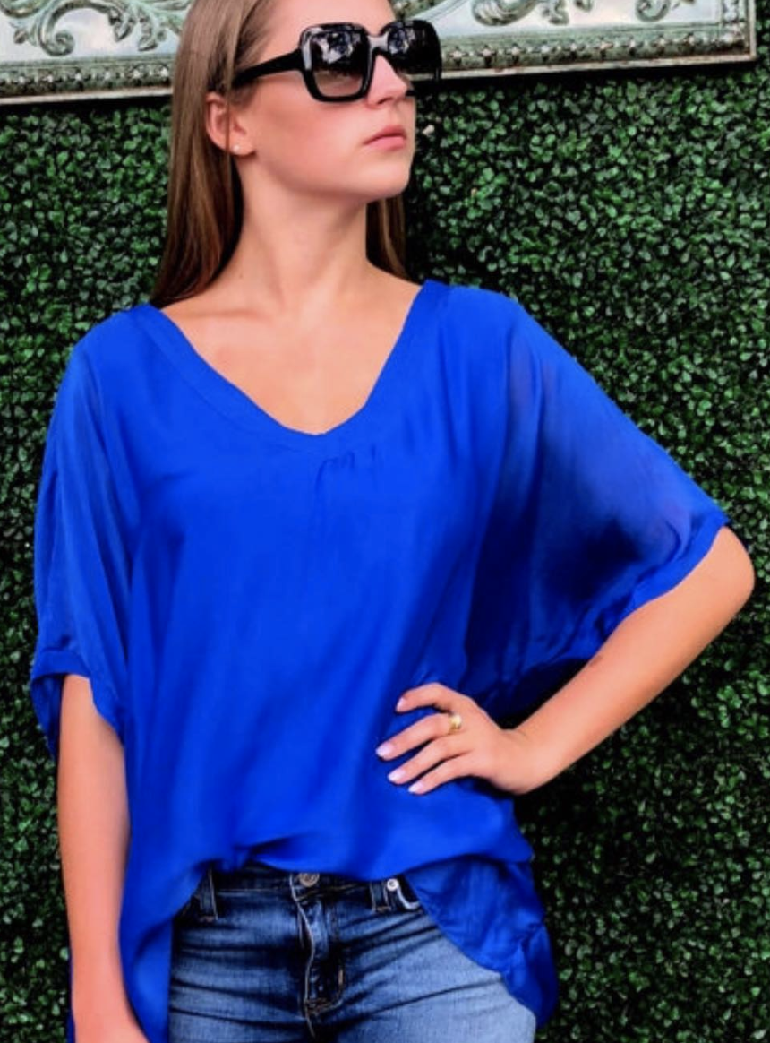 3 Spring-Ready Pieces To Spice Up Your Spring Wardrobe | 2. Sofia 100% Luxurious Silk Machine Washable Blue Top 2. Sofia 100% Luxurious Silk Machine Washable Blue Top