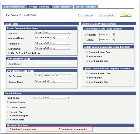 Process Parameters tab - Missing Critical Data section