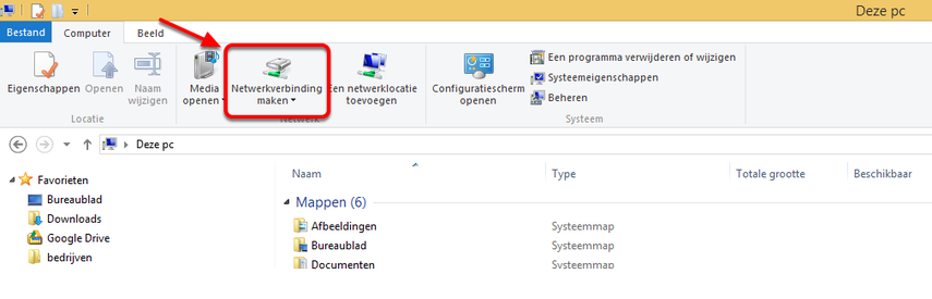 Open de Windows Verkenner (Explorer) en klik op Netwerkverbinding maken