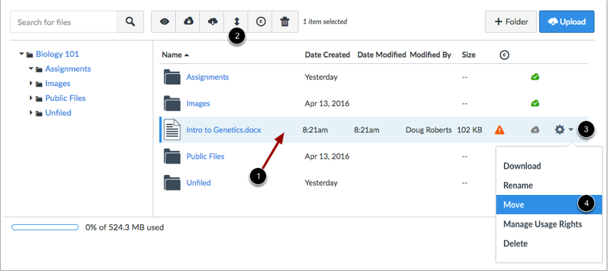 Mover un archivo usando el botón mover o el ícono de configuraciones